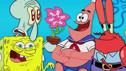 SpongeBob is posing with Patrick, Squidward and Mr Krabs