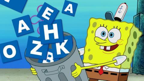 Spongebob holding a bin with lots of letters flowing out of it