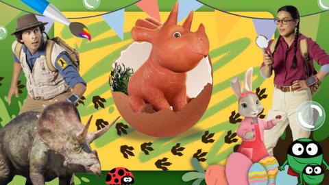 The CBeebies Creative Lab art game with crayons, bubbles and stickers from Andy's Dino Island, Vegesaurs, Peter Rabbit and Supertato.