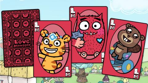 Two Love Monster playing cards flip around and reveal a character. Bad Idea Puppy is on a larger card. The word Snap flies into frame.