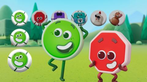 Go and Stop look excited at three bubbles featuring Go, they are in a line.