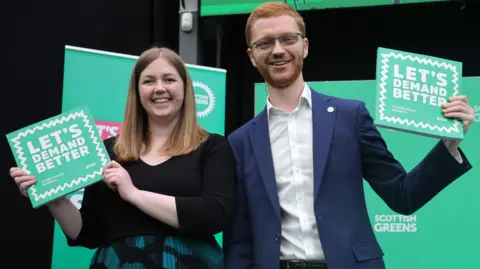Co-leaders Gillian Mackay and Ross Greer hold the party manifesto at the Scottish Greens launch 