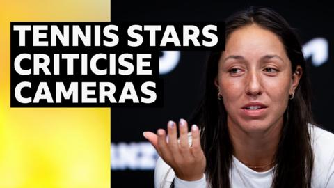 Composite of Jessica Pegula at a press conference with headline text added.