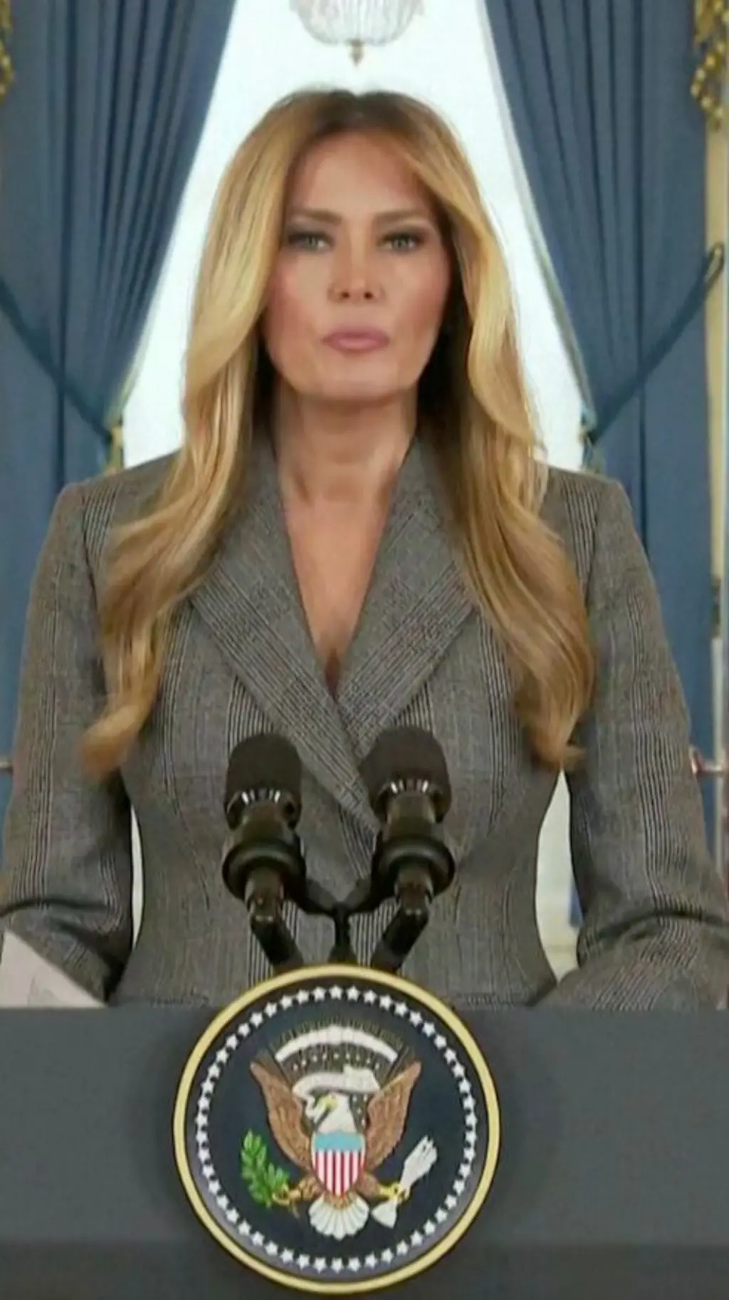 අළු පැහැති කබායකින් සැරසුණු මෙලනියා ට්රම්ප් මක්රෆෝනයක් ඉදිරිපිට සිටිනවා.