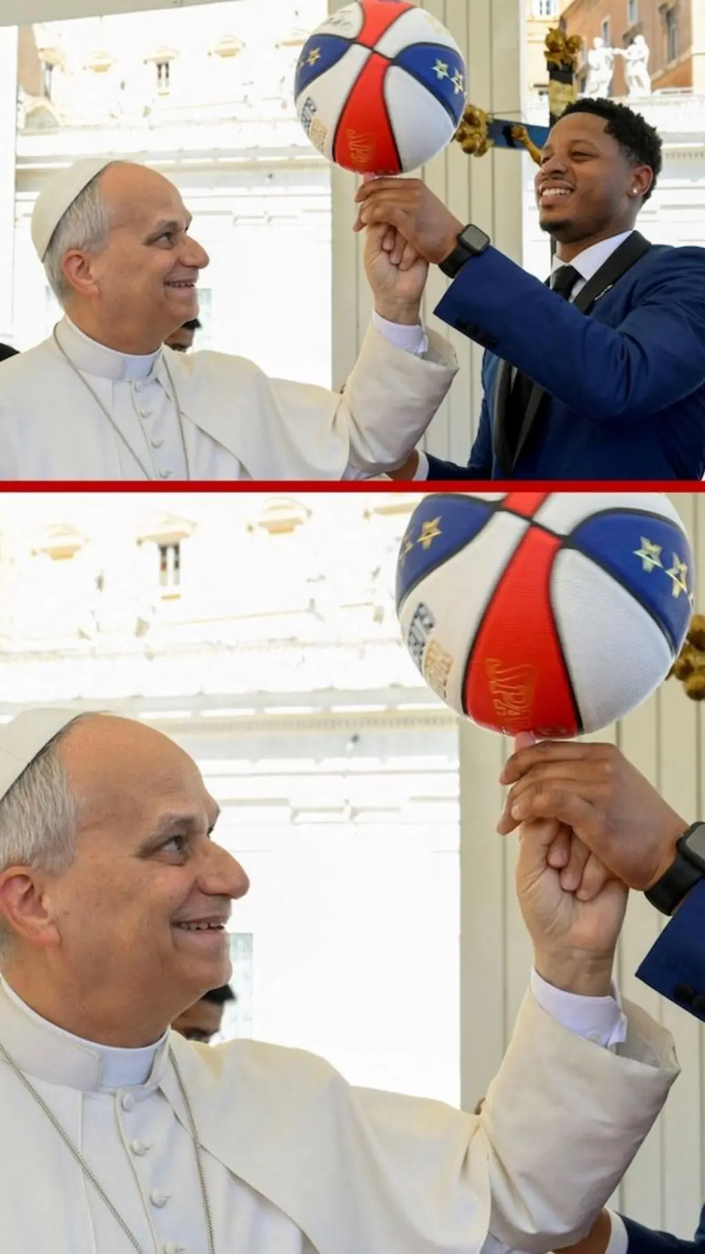 පාප් වහන්සේ තවත් ක්‍රීඩකයෙකුගේ සහයෙන් ඇගිල්ලෙන් පැසි පන්දුවක් කරකවන අයුරු පෙනේ.