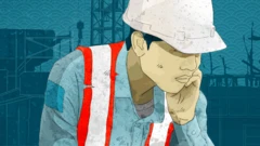 A graphic showing a North Korean worker in a hard hat and reflective vest with his head in his hands