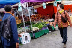 Pazarda gezen bir kadının arkasında çok sayıda meyve ve sebze görülüyor