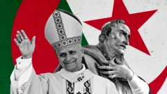 صورة للبابا لاون الرابع عشر يرفع يده اليمنى تحية، وفي الخلفية علم الجزائر وصورة تخيلية للقديس أوغسطين