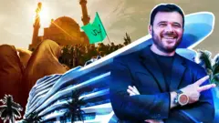 Kollaj: Emin Ağalarov pencəkdə, yaxta formasında olan otelin fonunda. Arxa planda çadra geyinmiş qadınlar, yaşıl islam bayrağı tutan kişilər və məscid görünür