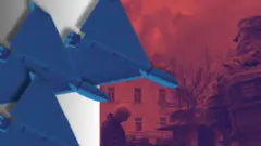 Колаж три шахеда і люди на фоні палаючої будівлі