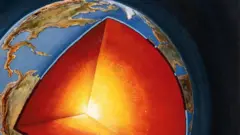 पृथ्वीको एक टुक्रा काटेको जस्तो देखाइएको एक चित्र जसले क्रस्ट, मोटो म्यान्टल तथा चम्किलो र तातो गर्भ देखाएको छ