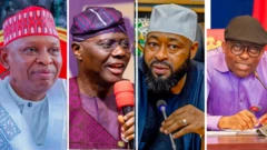 Abba Kabir Yusuf of Kano state wearing white wit red card, Babajide Sanwo-Olu of Lagos State wearing native wit cap holding mic, Umar Bago of Niger State wearing white cap wit mic for im front, Sim Fubara/ Facebook