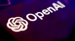 The OpenAI logo and company name are displayed against the backdrop of a darkened keyboard