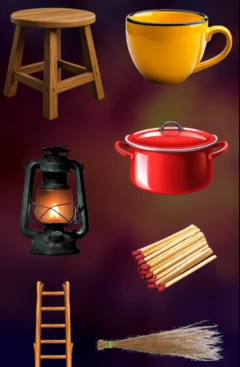 Àwọn ohun èèlò ilé bíi àpótí, ìgbálẹ̀, ìṣáná, àtùpà tí a kójọ sínú àworàn kan ṣoṣo