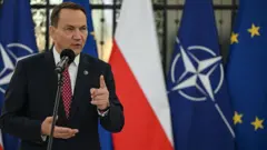 Сікорський перед мікрофоном на тлі прапорів Польщі, НАТО та ЄС