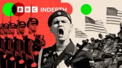 A treated image showing a montage of Chinese soldiers, members of the US army and a Russian serviceman