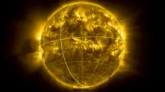 표면에 폭발과 가스 고리가 보이는 금색의 태양의 이미지