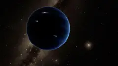 An artist's impression of a hypothetical Planet Nine shown as a large dark blue sphere, with a tiny bright Sun in the distance and other stars and the Milky Way galaxy behind.