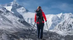 A climber visits Mount Qomolangma or Mount Everest on April 23, 2019 in Shigatse,