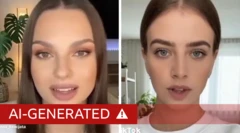 Коллаж из скриншотов видеороликов, сгенерированных ИИ: две женщины, смотрящие в камеру и разговаривающие в помещении, с наложенным сверху текстом «AI-GENERATED».