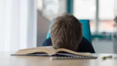 Un garçon pose son visage sur un livre ouvert sur une table