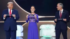 US President Donald Trump, Mexican President Claudia Sheinbaum, and Canadian Prime Minister Mark Carney participate in the FIFA World Cup 2026 Official Draw with at the John F. Kennedy Center