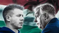 Коллаж: портреты Виктора Орбана и Петера Мадьяра лицом друг к другу на фоне венгерского флага