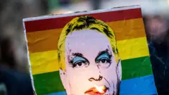 Plakat promujący ruch LGBT przedstawiający premiera Węgier Viktora Orbana