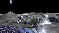 Lunar base with astronauts growing food in glasshouses. The Earth hangs above in the blackness of space