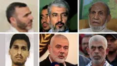 (En haut à gauche dans le sens des aiguilles d'une montre) Marwan Issa, Khaled Mechaal, Mahmoud al-Zahar, Yahya Sinwar, Ismail Haniyeh, Mohammed al-Deif