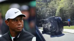 白地に黒いナイキのロゴが入ったキャップをかぶったタイガー・ウッズ選手の写真と、横転した黒っぽい車の写真が並んでいる