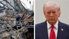 دونالد ترامپ و یک مرد و زن در میان ویرانه ساختمانی در تهران پس از حمله هوایی آمریکا و اسرائیل 