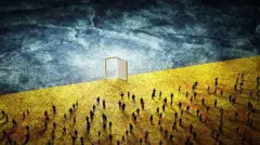 люди и открытые двери на фоне украинского флага