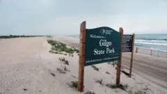 海灘上的一塊告示牌寫着：「歡迎來到吉爾戈州立公園」