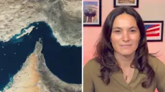 Splitscreen. Left, the Strait of Hormuz. Right, Ione Wells.