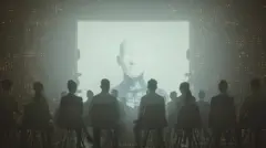 Artistic image show followers gathering in front of a screen with an AI-generated figure