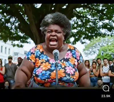 Avatar de inteligência artificial representa uma mulher idosa negra que grita em um microfone, com público ao fundo