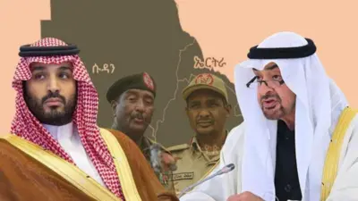 ወራሲ ዓራት ልኡል ሳልማንን መራሒ ኢማራት ዓረብ መሓመድ ቢን ዛይድን ኣብ ቅድሚት ብድሕሪኦም ድማ ኣብ ግጭት ዝርከቡ ጀነራላት ሱዳን ኣል ቡርሃንን ሕሜትን ይርኣዩ