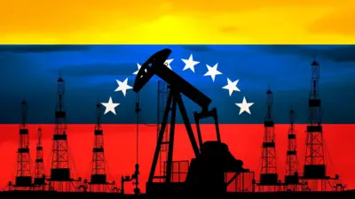 تصویرسازی که پرهیب چاههای نفت را نشان میدهد و در پسزمینه پرچم ونزوئلا است