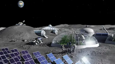 Lunar base with astronauts growing food in glasshouses. The Earth hangs above in the blackness of space