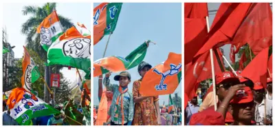 তিনটি বড় দলের সমর্থকদের দলীয় পতাকা নিয়ে প্রচারে দেখা যাচ্ছে - তৃণমূল কংগ্রেস, বিজেপি আর সিপিআইএম