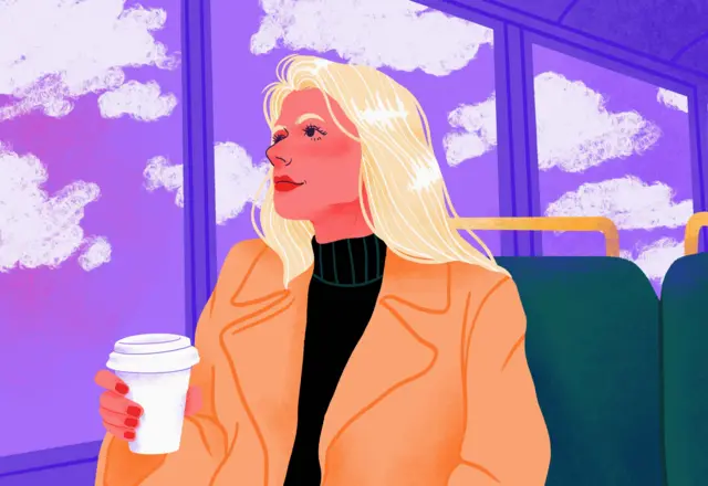 Blonde businesswoman drinking coffee and commuting, riding bus and looking out window - stock illustration
