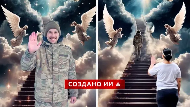 Коллаж. С левой стороны мужчина в военной форме машет рукой перед тем, как подняться по лестнице в небо. Изображение справа: тот же мужчина поднимается по лестнице, у ее подножия стоит женщина и машет ему вслед. 