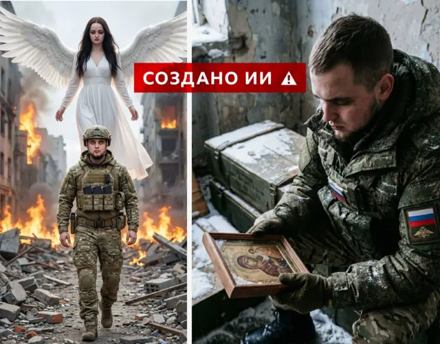 Коллаж из двух изображений. Слева: мужчина в военной форме идет по улице, усеянной обломками разрушенных зданий. Позади него полыхает огонь и летит женщина-ангел в длинном белом платье. Справа: мужчина в военной форме и шевронами с изображением российского флага сидит в помещении и держит в руках икону Богородицы. 