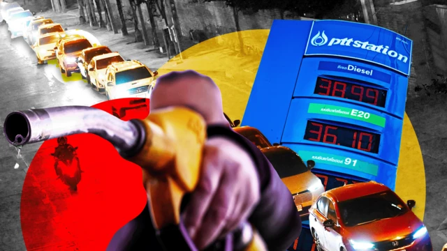 ဆီဖြည့် ပန့်နဲ့ စက်သုံးဆီဆိုင်က စျေးနှုန်းနဲ့ ကားတွေတန်းစီနေတဲ့ပုံကို အနီ အဝါ အပြာ စက်ဝိုင်းတွေနဲ့ ပေါင်းစပ်ဓာတ်ပုံ