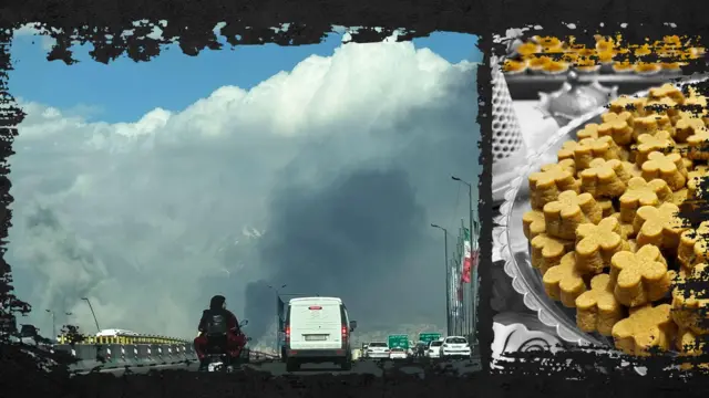 صورة مركبة. على اليسار، يظهر دخان يتصاعد فوق طريقٍ، وعلى اليمين يظهر طبق من الكعك