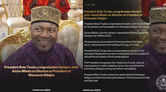 Tinubu ekeleela Azuta-Mbata tuuru ugo dịka Onyeisi Ọhanaeze Ndigbo