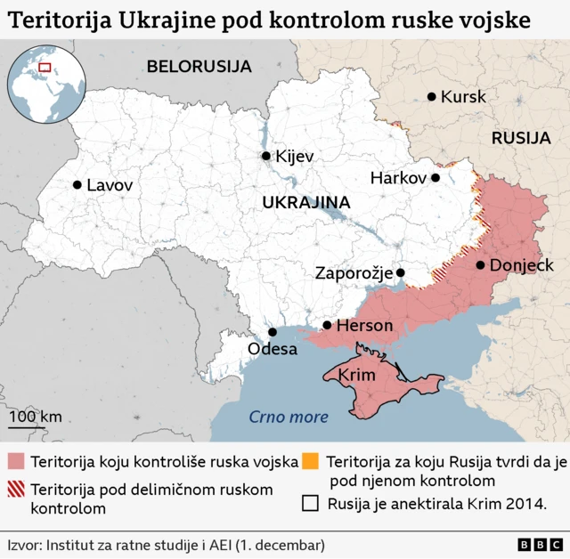 mapa ukrajine i teritorija pod kontrolom Rusije