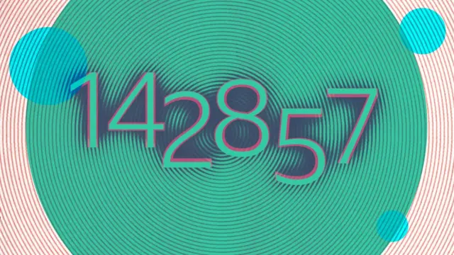 Illustration avec le numéro 142857 en vert et rose et des cercles.