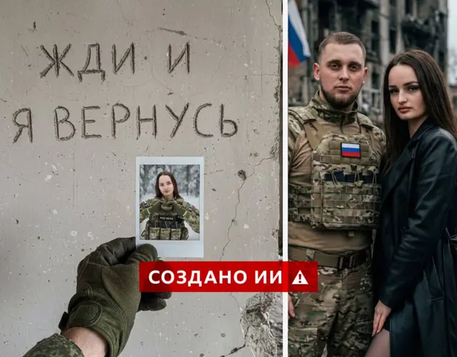 Коллаж из двух фото. Слева: стена здания с надписью «Жди и я вернусь», на фоне которой военный держит фото женщины в военной форме. Справа: мужчина в военной форме и женщина в черном плаще стоят на фоне разбомбленных зданий, за спиной мужчины висит флаг России. 